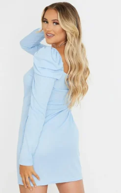 Maternity Baby Blue Puff Shoulder Long Sleeve Rib Mini Dress