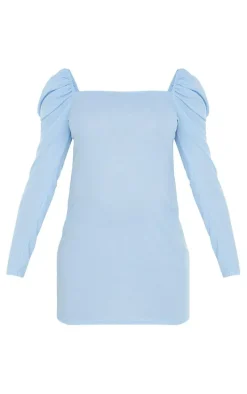 Maternity Baby Blue Puff Shoulder Long Sleeve Rib Mini Dress