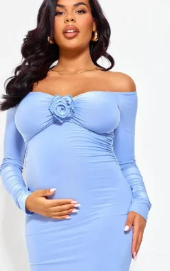 Maternity Baby Blue Slinky Corsage Detail Off The Shoulder Maxi Dress