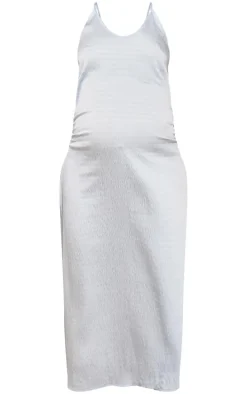 Maternity Baby Blue Textured Satin Low Neck Maxi Dress