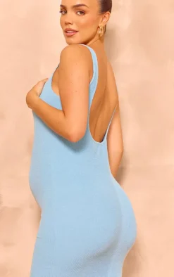 Maternity Baby Blue Textured Scoop Back Sleeveless Midi Dress