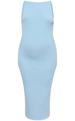 Maternity Baby Blue Textured Scoop Back Sleeveless Midi Dress