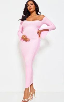 Maternity Baby Pink Off The Shoulder Contrast Knit Midaxi Dress