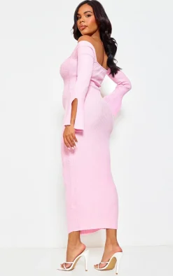 Maternity Baby Pink Off The Shoulder Contrast Knit Midaxi Dress