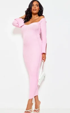 Maternity Baby Pink Off The Shoulder Contrast Knit Midaxi Dress
