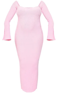 Maternity Baby Pink Off The Shoulder Contrast Knit Midaxi Dress