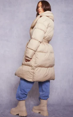 Maternity Beige Oversized Belted Longline Puffer Coat