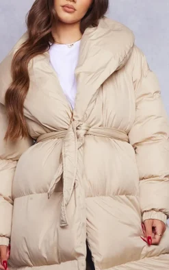 Maternity Beige Oversized Belted Longline Puffer Coat
