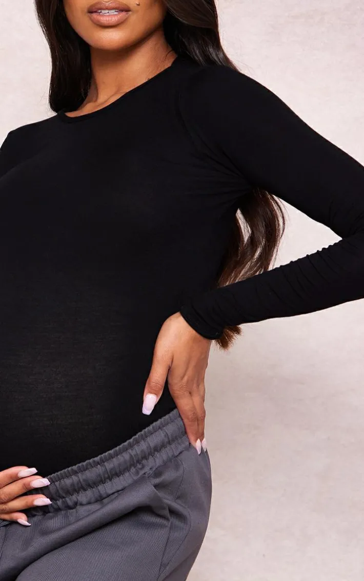 Maternity Black Basic Long Sleeve Fitted Top