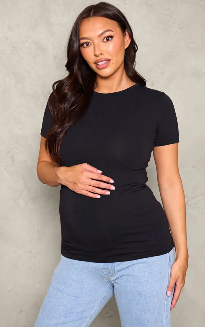 Maternity Black Basic Short Sleeve Crew Neck Fitted T Shirt