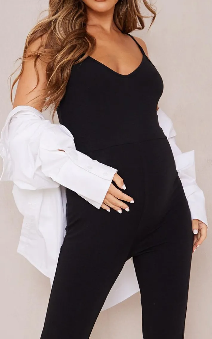Maternity Black Basic Strappy Plunge Jumpsuit