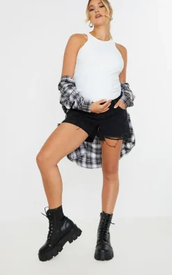 Maternity Black Belly Band Washed Black Ripped Denim Shorts