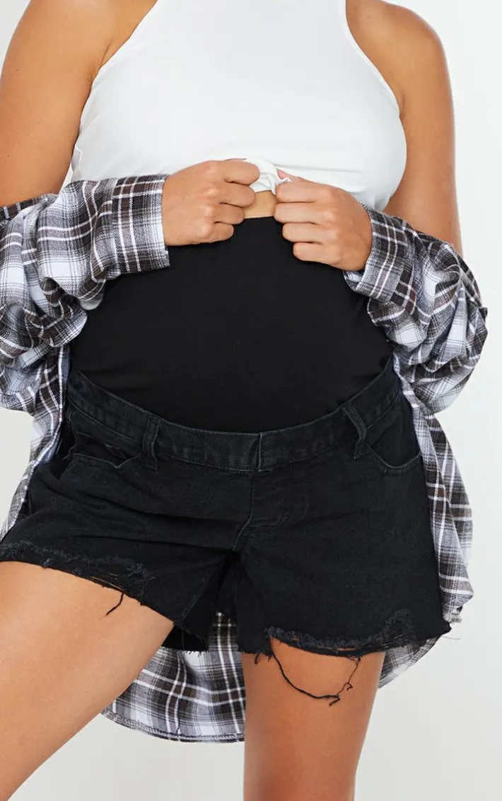 Maternity Black Belly Band Washed Black Ripped Denim Shorts