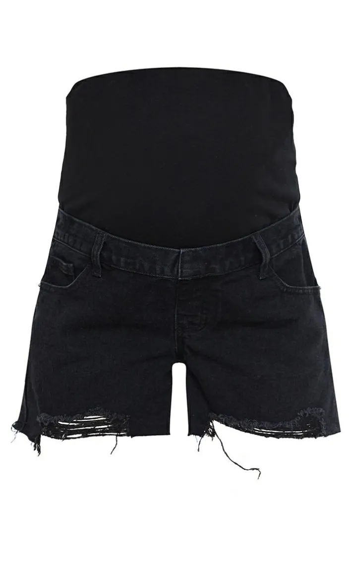 Maternity Black Belly Band Washed Black Ripped Denim Shorts