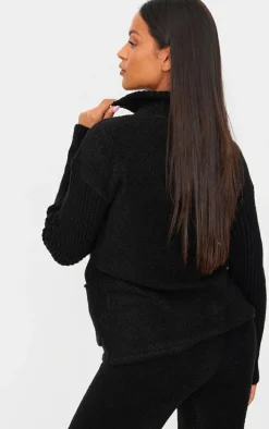 Maternity Black Boucle Knit Zip Up Long Sleeve Top