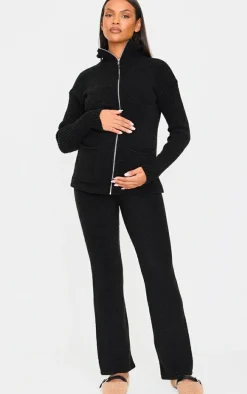 Maternity Black Boucle Knit Zip Up Long Sleeve Top