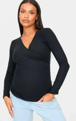 Maternity Black Brushed Rib Ruched Top