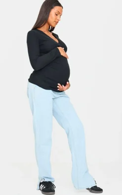 Maternity Black Brushed Rib Ruched Top