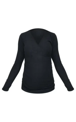 Maternity Black Brushed Rib Ruched Top