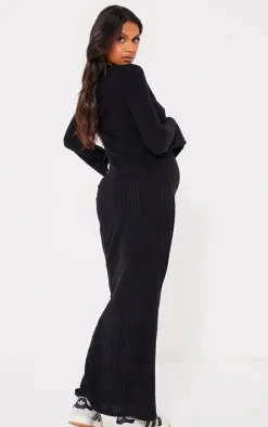 Maternity Black Brushed Rib Long Sleeve Maxi Dress