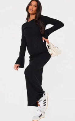 Maternity Black Brushed Rib Long Sleeve Maxi Dress
