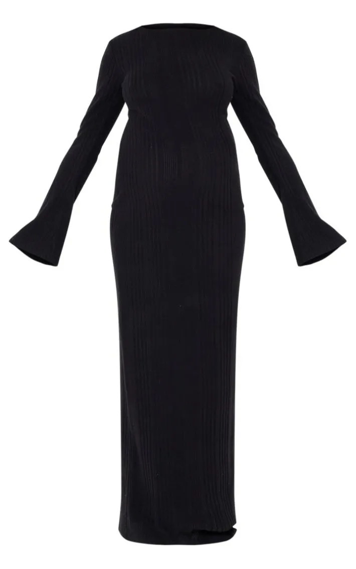 Maternity Black Brushed Rib Long Sleeve Maxi Dress