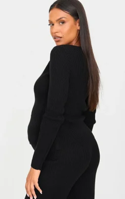 Maternity Black Button Up Long Sleeve Rib Knit Top