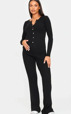 Maternity Black Button Up Long Sleeve Rib Knit Top