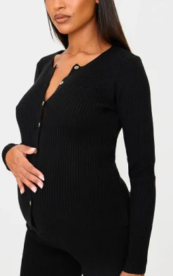 Maternity Black Button Up Long Sleeve Rib Knit Top
