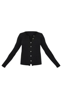 Maternity Black Button Up Long Sleeve Rib Knit Top