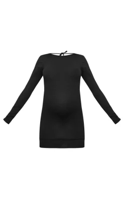 Maternity Black Cotton Tie Scoop Back Mini Dress