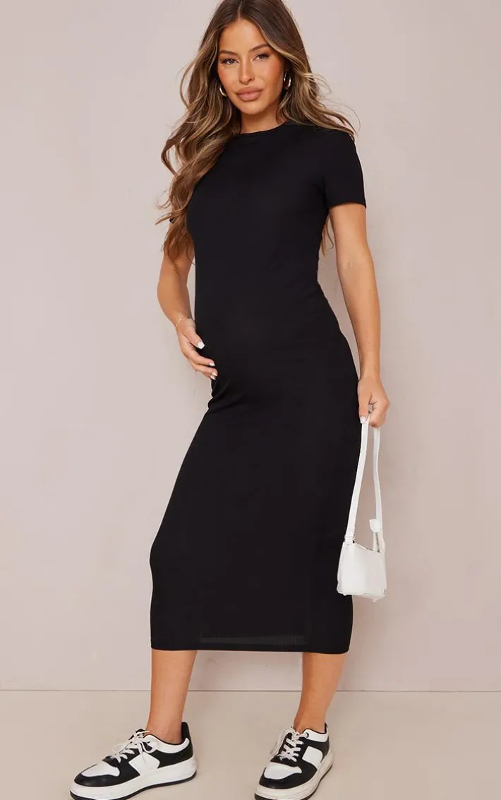 Maternity Black Crew Neck Ribbed Midi Dress