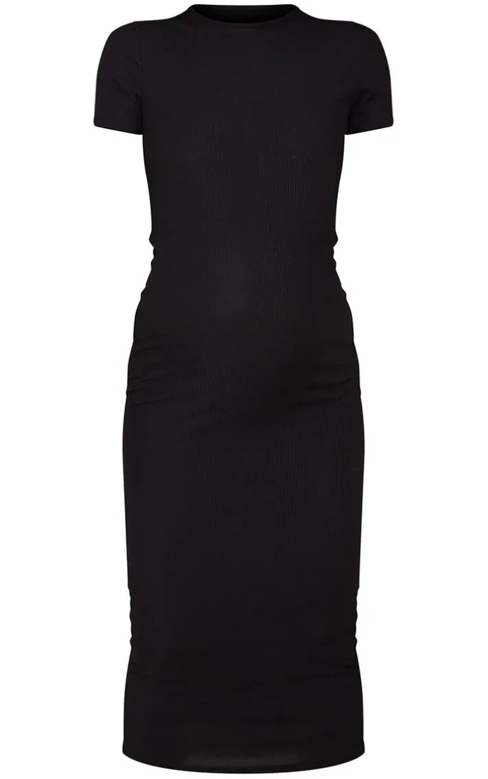 Maternity Black Crew Neck Ribbed Midi Dress