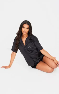 Maternity Black Embroidered Mama Satin Pajama Short Set