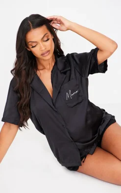 Maternity Black Embroidered Mama Satin Pajama Short Set