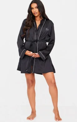 Maternity Black Embroidered Mama Satin Tie Waist Robe