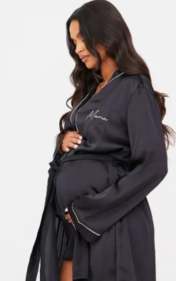 Maternity Black Embroidered Mama Satin Tie Waist Robe