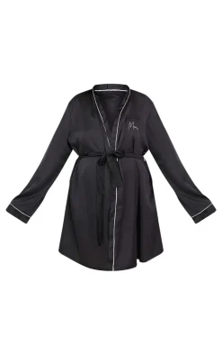Maternity Black Embroidered Mama Satin Tie Waist Robe