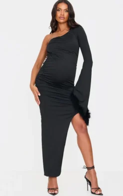 Maternity Black Feather Cuff One Sleeve Ruched Asymmetric Hem Dress