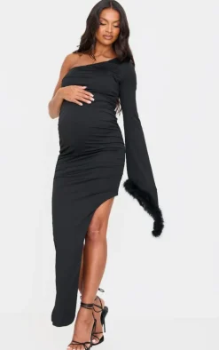 Maternity Black Feather Cuff One Sleeve Ruched Asymmetric Hem Dress