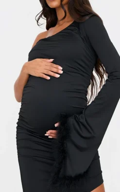 Maternity Black Feather Cuff One Sleeve Ruched Asymmetric Hem Dress