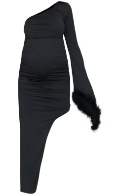 Maternity Black Feather Cuff One Sleeve Ruched Asymmetric Hem Dress