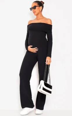 Maternity Black Fold Over Rib Wide Leg Jumpsuit