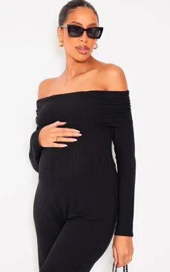 Maternity Black Fold Over Rib Wide Leg Jumpsuit