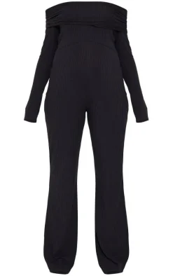 Maternity Black Fold Over Rib Wide Leg Jumpsuit