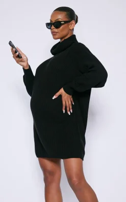 Maternity Black High Neck Oversized Sweater Dress