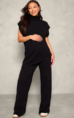 Maternity Black Knit Roll Neck Sleeveless Asymmetric Hem Top