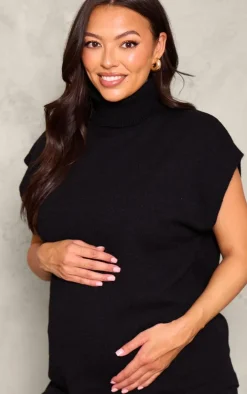 Maternity Black Knit Roll Neck Sleeveless Asymmetric Hem Top