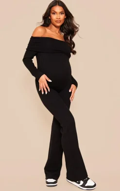 Maternity Black Knitted Bardot Wide Leg Jumpsuit