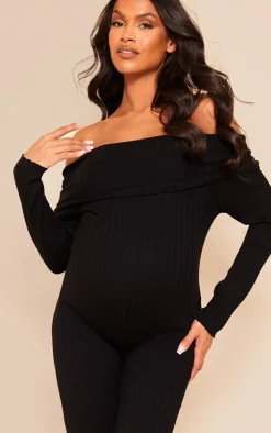 Maternity Black Knitted Bardot Wide Leg Jumpsuit